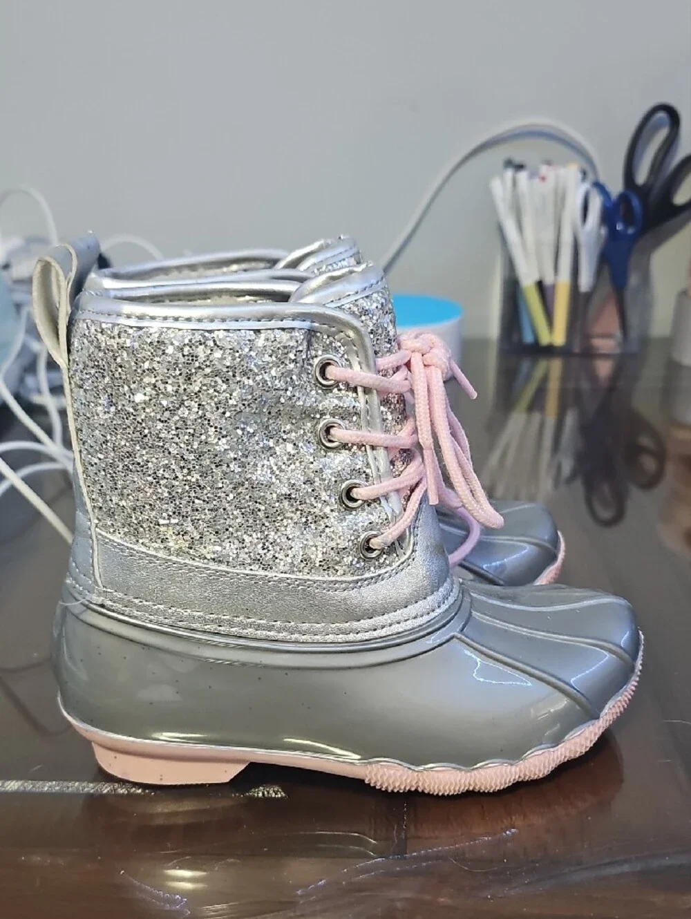 fabkids Silver Glitter Duck Boots with Pink Laces and Trim